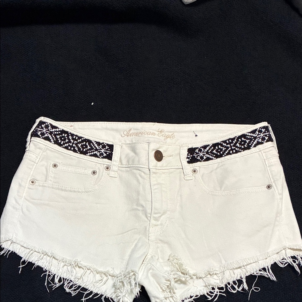 American Eagle Outfitters Cream Frayed Hem Jean Shorts